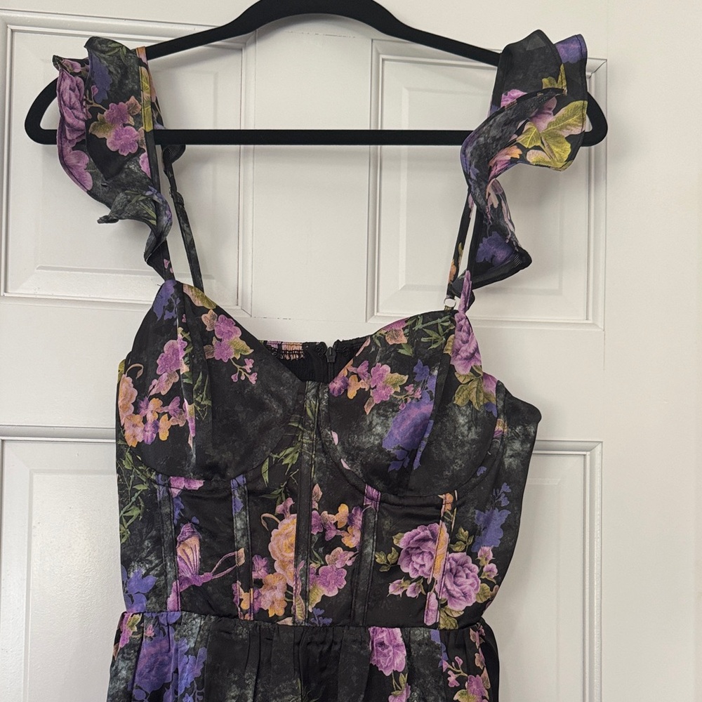 Floral Ruffle Strap Midi Dress in Black and Purple